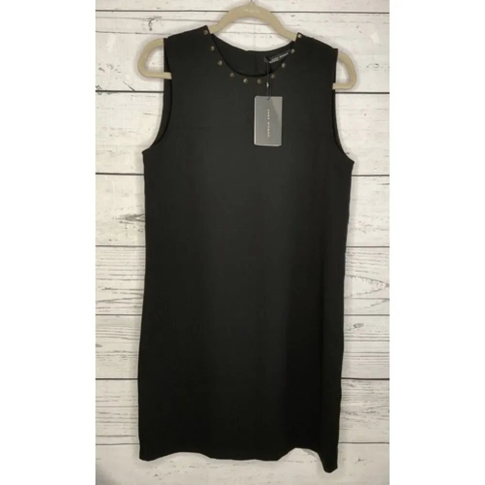 NWT Zara Black CrepeStudded Decor Button Collar&Back Mini Dress Women M Portugal